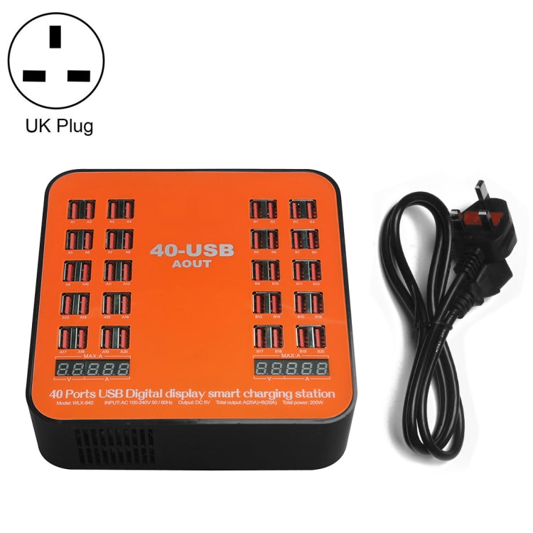 Trạm sạc thông minh màn hình kỹ thuật số USB 40 cổng 200W WLX-840 AC100-240V, phích cắm UK (Đen+Cam), phích cắm UK