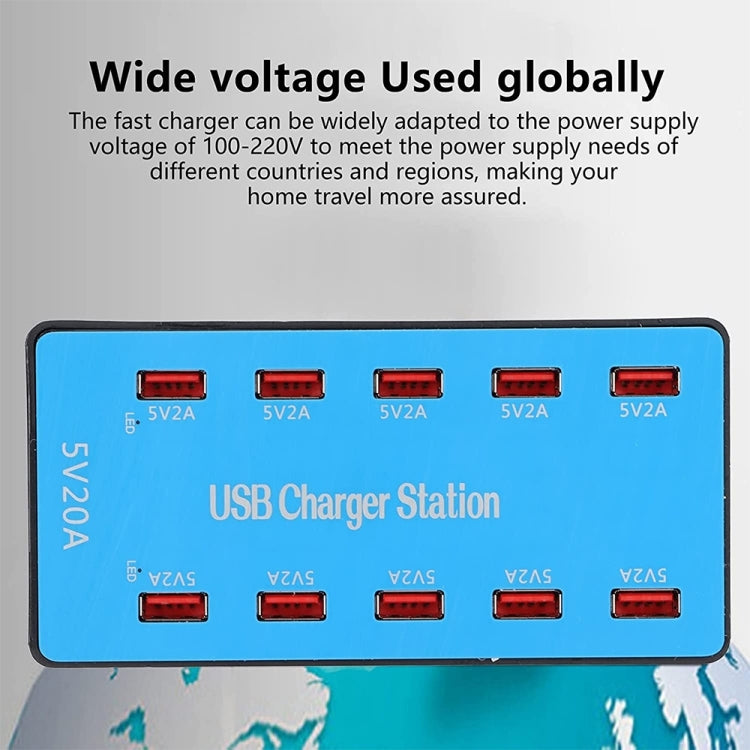 Trạm sạc thông minh USB 10 cổng 100W A5B có đèn báo, phích cắm US, 100W