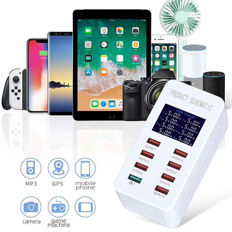Trạm sạc thông minh A8 50W 8 cổng USB + QC3.0 với màn hình kỹ thuật số AC100-240V, phích cắm EU, A8 phích cắm EU
