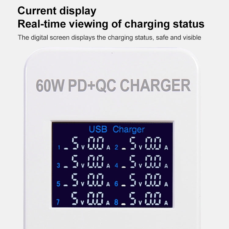 Trạm sạc thông minh A8T 60W 8 cổng USB + QC3.0 + PD Type-C với màn hình kỹ thuật số AC100-240V, phích cắm AU, A8T phích cắm AU