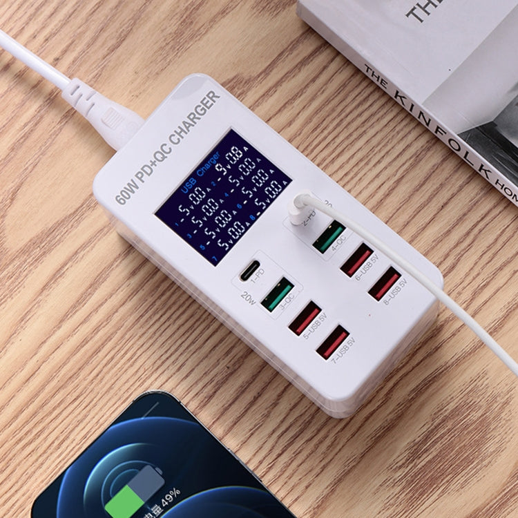 Trạm sạc thông minh A8T 60W 8 cổng USB + QC3.0 + PD Type-C với màn hình kỹ thuật số AC100-240V, phích cắm EU, A8T phích cắm EU