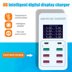 Trạm sạc thông minh A8T 60W 8 cổng USB + QC3.0 + PD Type-C với màn hình kỹ thuật số AC100-240V, phích cắm EU, A8T phích cắm EU
