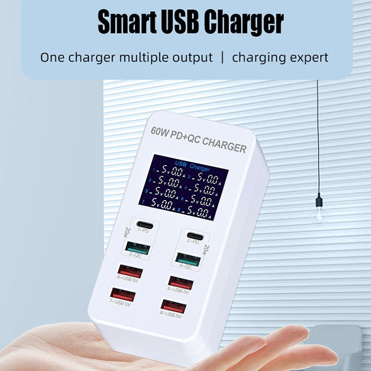 Trạm sạc thông minh A8T 60W 8 cổng USB + QC3.0 + PD Type-C với màn hình kỹ thuật số AC100-240V, phích cắm EU, A8T phích cắm EU