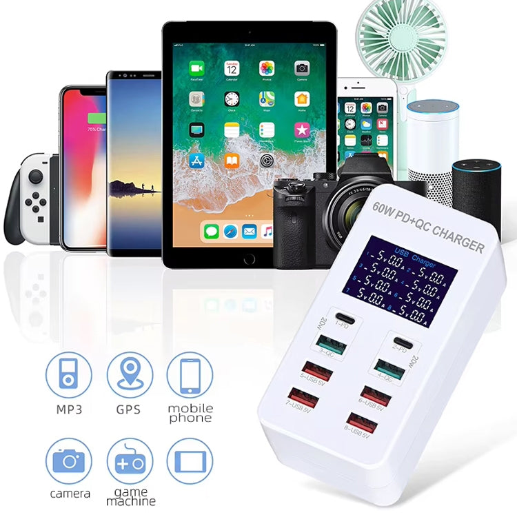 Trạm sạc thông minh A8T 60W 8 cổng USB + QC3.0 + PD Type-C với màn hình kỹ thuật số AC100-240V, phích cắm EU, A8T phích cắm EU