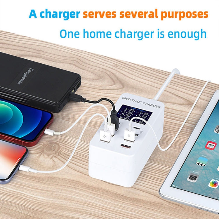 Trạm sạc thông minh A8T 60W 8 cổng USB + QC3.0 + PD Type-C với màn hình kỹ thuật số AC100-240V, phích cắm EU, A8T phích cắm EU