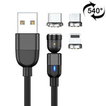 Cáp đồng bộ dữ liệu và sạc từ tính xoay 540 độ 3 trong 1 USB ra 8 Pin + USB-C / Type-C + Micro USB 3A đầu ra dài 1m, 3 trong 1