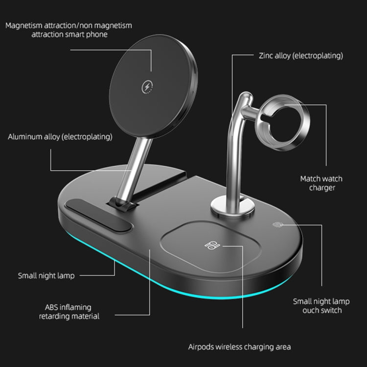 Sạc không dây đa năng từ tính 4 trong 1 15W S20 có đèn ngủ & giá đỡ cho điện thoại / AirPods, S20 Đen, S20 Trắng