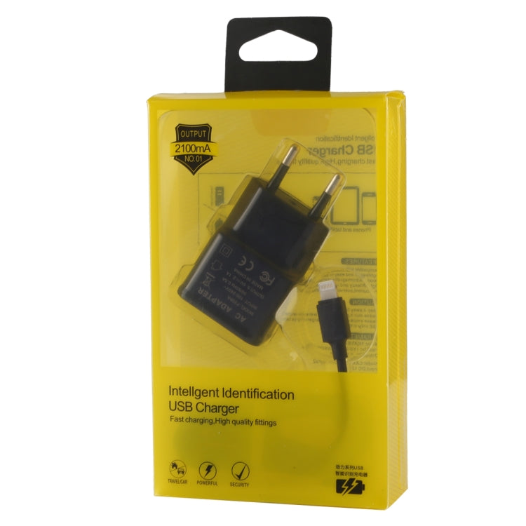 Bộ sạc USB nhận dạng thông minh 5V 2.1A cho iPhone kèm cáp sạc USB 1m sang 8 pin, phích cắm EU