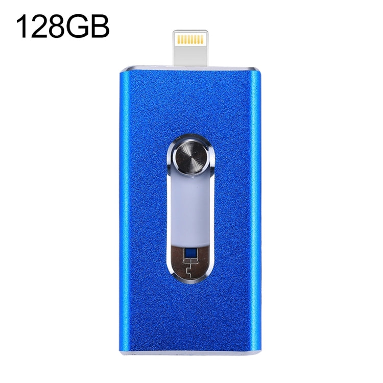 USB Flash Drive 3 trong 1 USB 2.0 & 8 Pin & Micro USB 128GB RQW-02, màu xanh dương RQW-02