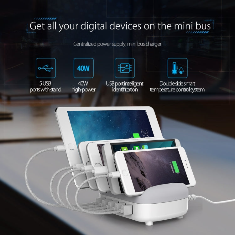 Trạm sạc thông minh ORICO DUK-5P 40W 5 cổng USB có giá đỡ điện thoại & máy tính bảng, phích cắm EU