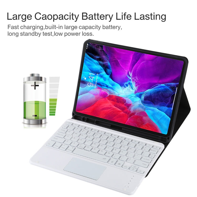 TG11BCS Bàn phím Bluetooth trắng có thể tháo rời + bao da vải microfiber cho iPad Pro 11 inch (2020), có đèn nền & touchpad & khe cắm bút & giá đỡ, bàn phím màu trắng