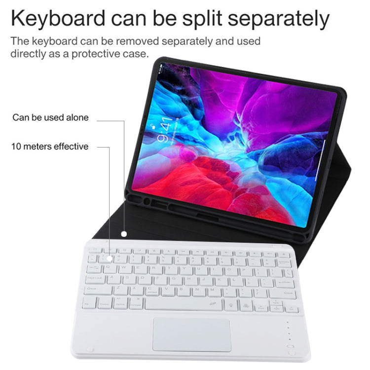 TG11BCS Bàn phím Bluetooth trắng có thể tháo rời + bao da vải microfiber cho iPad Pro 11 inch (2020), có đèn nền & touchpad & khe cắm bút & giá đỡ, bàn phím màu trắng