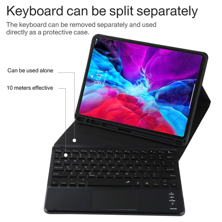 Bao da bàn phím Bluetooth đen có thể tháo rời TG11BCS bằng da microfiber cho iPad Pro 11 inch (2020), có đèn nền & bàn di chuột & khe cắm bút & giá đỡ, bàn phím màu đen