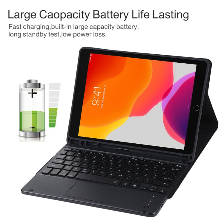 TG-102BCS Bàn phím Bluetooth đen có thể tháo rời + bao da vải microfiber cho iPad 10.2 inch / iPad Air (2019), có Touch Pad & đèn nền & khe cắm bút & giá đỡ, bàn phím màu đen