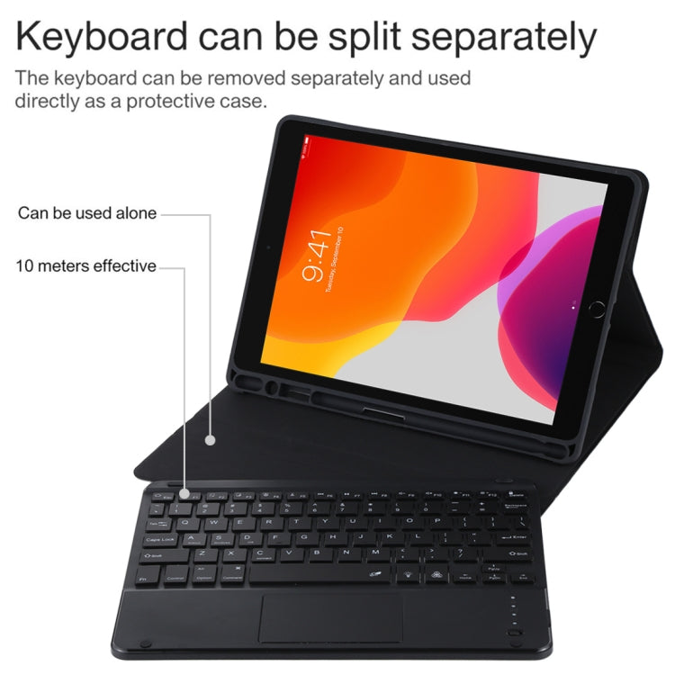 TG-102BCS Bàn phím Bluetooth đen có thể tháo rời + bao da vải microfiber cho iPad 10.2 inch / iPad Air (2019), có Touch Pad & đèn nền & khe cắm bút & giá đỡ, bàn phím màu đen