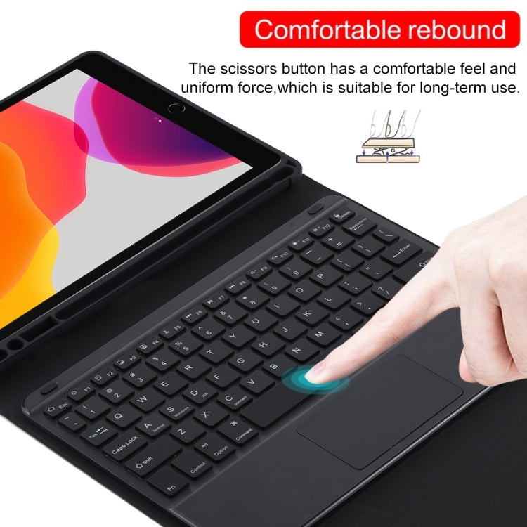 TG-102BCS Bàn phím Bluetooth đen có thể tháo rời + bao da vải microfiber cho iPad 10.2 inch / iPad Air (2019), có Touch Pad & đèn nền & khe cắm bút & giá đỡ, bàn phím màu đen