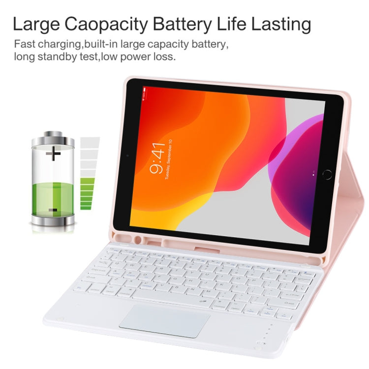 Bao da bàn phím Bluetooth trắng có thể tháo rời TG-102BC + bao da microfiber cho iPad 10.2 inch / iPad Air (2019), có bàn di chuột & khe cắm bút & giá đỡ, bàn phím màu trắng