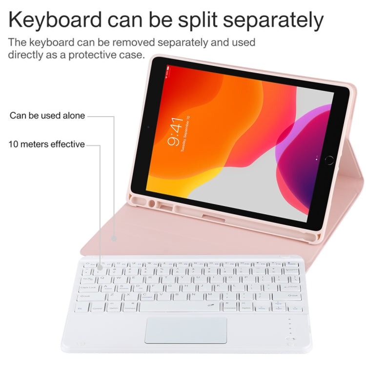 Bao da bàn phím Bluetooth trắng có thể tháo rời TG-102BC + bao da microfiber cho iPad 10.2 inch / iPad Air (2019), có bàn di chuột & khe cắm bút & giá đỡ, bàn phím màu trắng