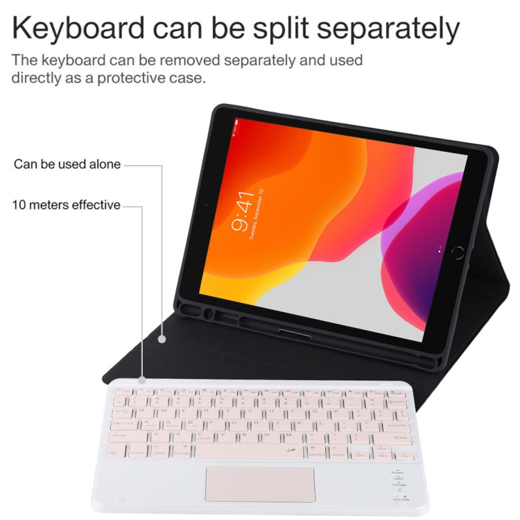Bàn phím Bluetooth màu hồng TG-102BC có thể tháo rời + Bao da vải microfiber cho máy tính bảng iPad 10.2 inch / iPad Air (2019), có Touch Pad & khe cắm bút & giá đỡ, Bàn phím màu hồng