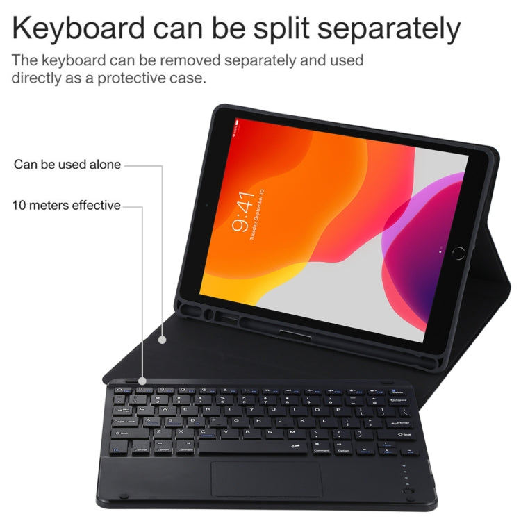 Bàn phím Bluetooth đen có thể tháo rời TG-102BC + Ốp da microfiber cho iPad 10.2 inch / iPad Air (2019), có bàn di chuột & khe cắm bút & giá đỡ, TG-102BC