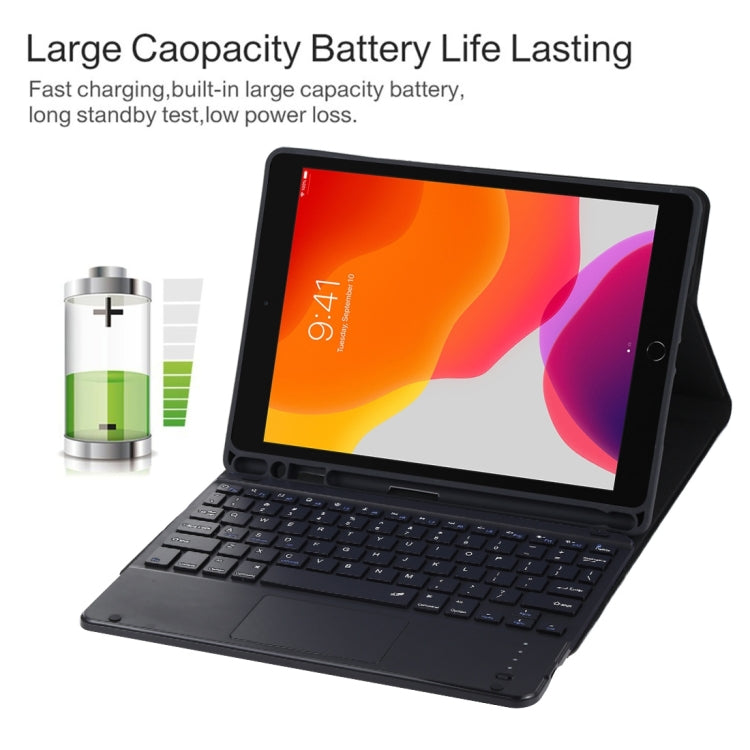Bàn phím Bluetooth màu đen tháo rời TG97BC + Bao da vải sợi nhỏ cho máy tính bảng iPad 9.7 inch, có bàn di chuột & khe cắm bút & giá đỡ, TG97BC