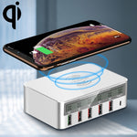 Sạc không dây 6 trong 1 10W QC3.0 + USB-C / Type-C + 4 cổng USB WLX-818F với màn hình LCD thông minh, phích cắm EU / AU, màu trắng
