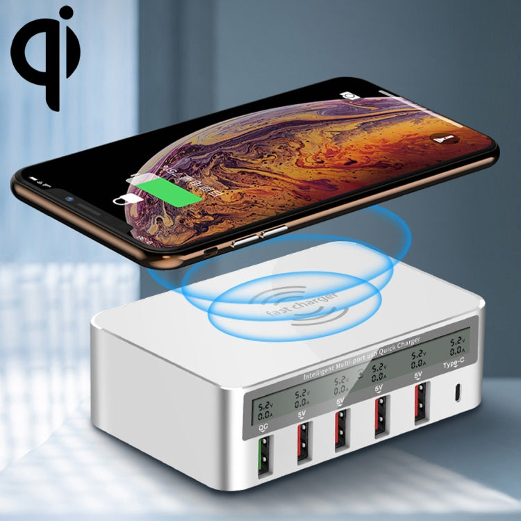 Sạc không dây 6 trong 1 10W QC3.0 + USB-C / Type-C + 4 cổng USB WLX-818F với màn hình LCD thông minh, phích cắm EU / AU, màu trắng