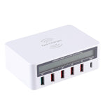Sạc không dây 6 trong 1 10W QC3.0 + USB-C / Type-C + 4 cổng USB WLX-818F với màn hình LCD thông minh, phích cắm EU / AU, màu trắng