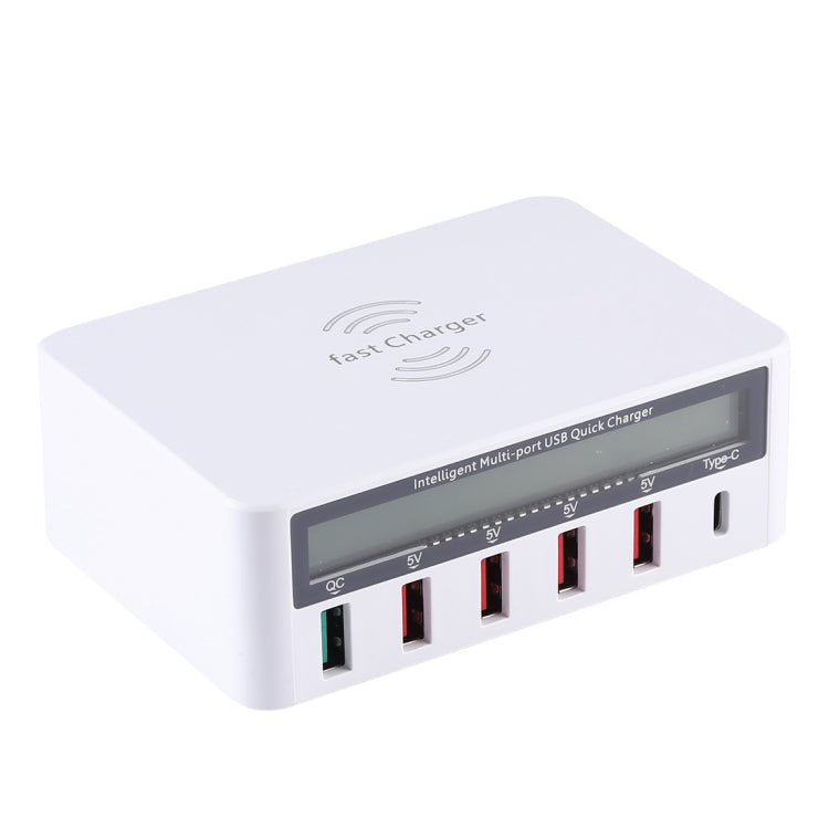 Sạc không dây 6 trong 1 10W QC3.0 + USB-C / Type-C + 4 cổng USB WLX-818F với màn hình LCD thông minh, phích cắm EU / AU, màu trắng