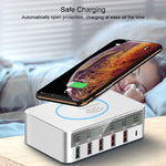 Sạc không dây 6 trong 1 10W QC3.0 + USB-C / Type-C + 4 cổng USB WLX-818F với màn hình LCD thông minh, phích cắm EU / AU, màu trắng