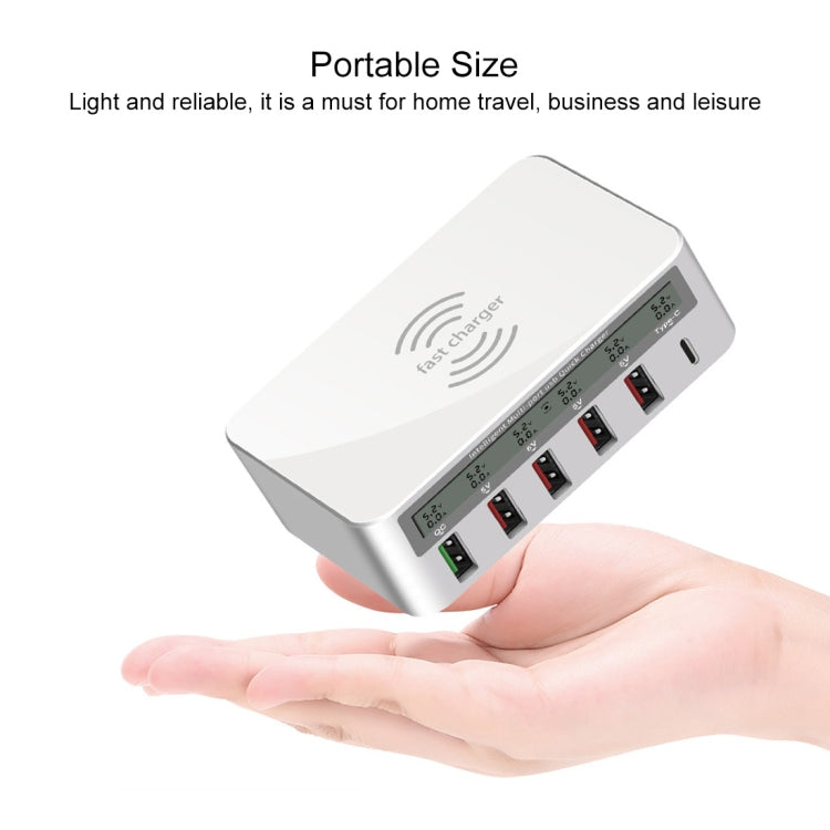 Sạc không dây 6 trong 1 10W QC3.0 + USB-C / Type-C + 4 cổng USB WLX-818F với màn hình LCD thông minh, phích cắm EU / AU, màu trắng