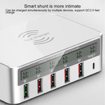 Sạc không dây 6 trong 1 10W QC3.0 + USB-C / Type-C + 4 cổng USB WLX-818F với màn hình LCD thông minh, phích cắm EU / AU, màu trắng
