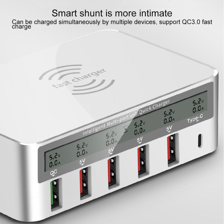 Sạc không dây 6 trong 1 10W QC3.0 + USB-C / Type-C + 4 cổng USB WLX-818F với màn hình LCD thông minh, phích cắm EU / AU, màu trắng