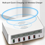 Sạc không dây 6 trong 1 10W QC3.0 + USB-C / Type-C + 4 cổng USB WLX-818F với màn hình LCD thông minh, phích cắm EU / AU, màu trắng