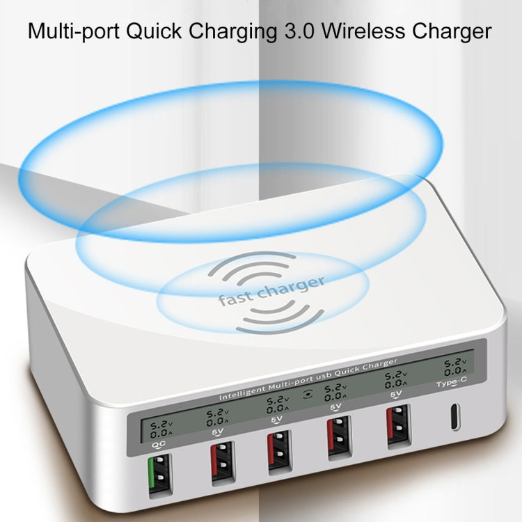 Sạc không dây 6 trong 1 10W QC3.0 + USB-C / Type-C + 4 cổng USB WLX-818F với màn hình LCD thông minh, phích cắm EU / AU, màu trắng