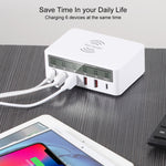 Sạc không dây 6 trong 1 10W QC3.0 + USB-C / Type-C + 4 cổng USB WLX-818F với màn hình LCD thông minh, phích cắm EU / AU, màu trắng