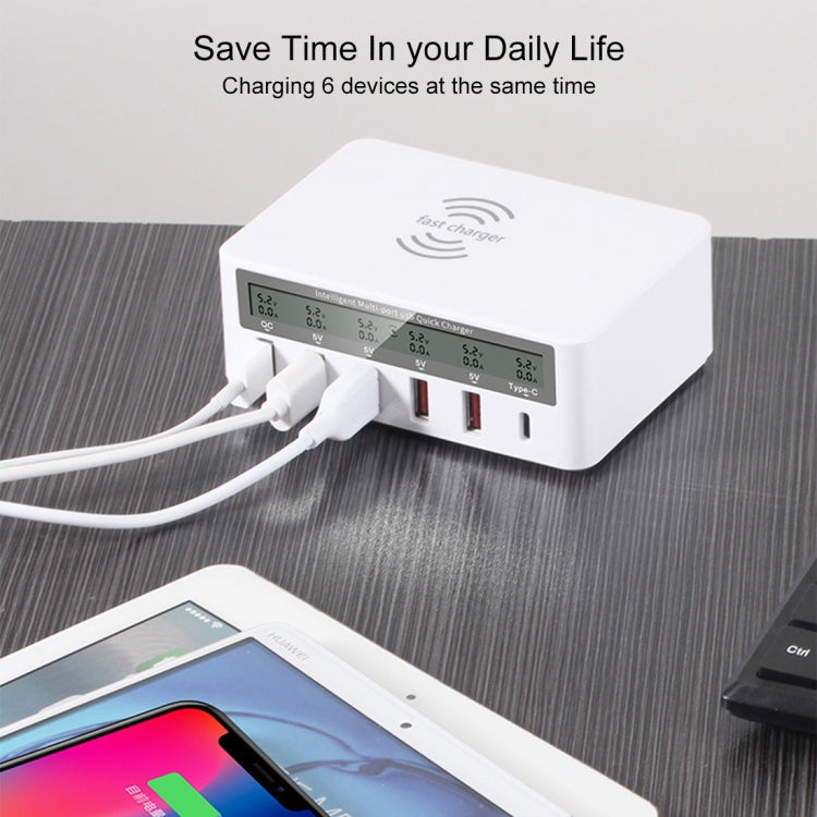 Sạc không dây 6 trong 1 10W QC3.0 + USB-C / Type-C + 4 cổng USB WLX-818F với màn hình LCD thông minh, phích cắm EU / AU, màu trắng
