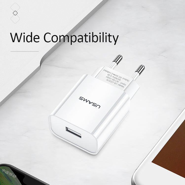 Bộ sạc du lịch USB đơn 2.1A USAMS US-CC075 T18, phích cắm EU