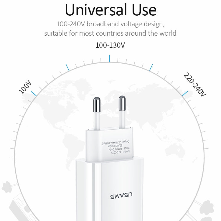 Bộ sạc du lịch USB đơn 2.1A USAMS US-CC075 T18, phích cắm EU