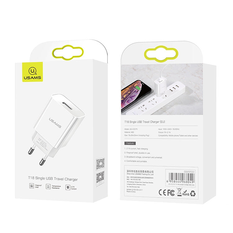 Bộ sạc du lịch USB đơn 2.1A USAMS US-CC075 T18, phích cắm EU