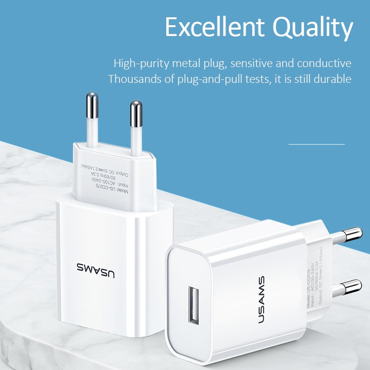 Bộ sạc du lịch USB đơn 2.1A USAMS US-CC075 T18, phích cắm EU