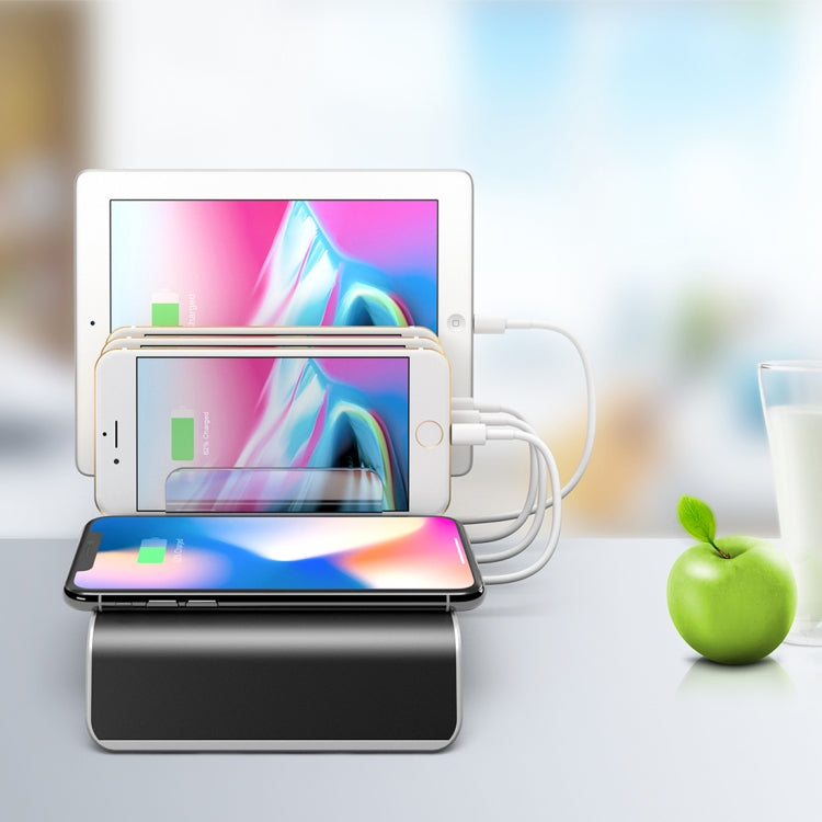Đế Sạc Không Dây Chuẩn Qi 4 Cổng USB Kèm Giá Đỡ Điện Thoại, Phích Cắm Mỹ