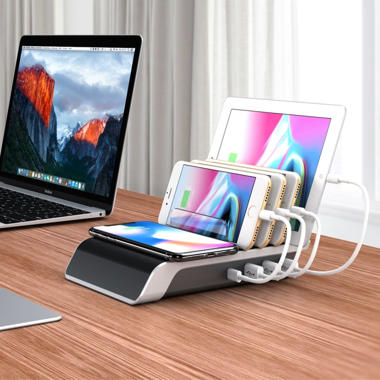 Đế Sạc Không Dây Chuẩn Qi 4 Cổng USB Kèm Giá Đỡ Điện Thoại, Phích Cắm Mỹ