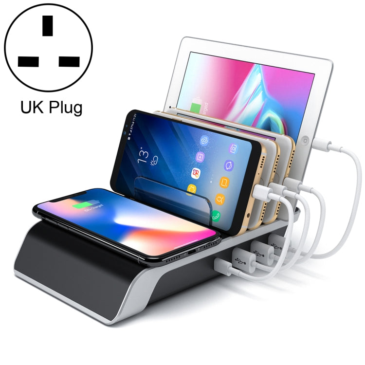 Đế giữ điện thoại kiêm sạc không dây chuẩn Qi 4 cổng USB UD09, phích cắm UK