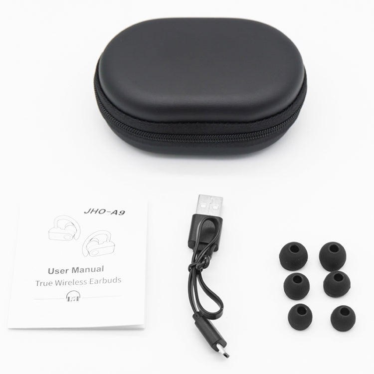 Tai nghe Bluetooth treo tai không dây JHO-A9 TWS kèm túi tích hợp sạc + lưu trữ có dây kéo, hỗ trợ điều khiển giọng nói, JHO-A9