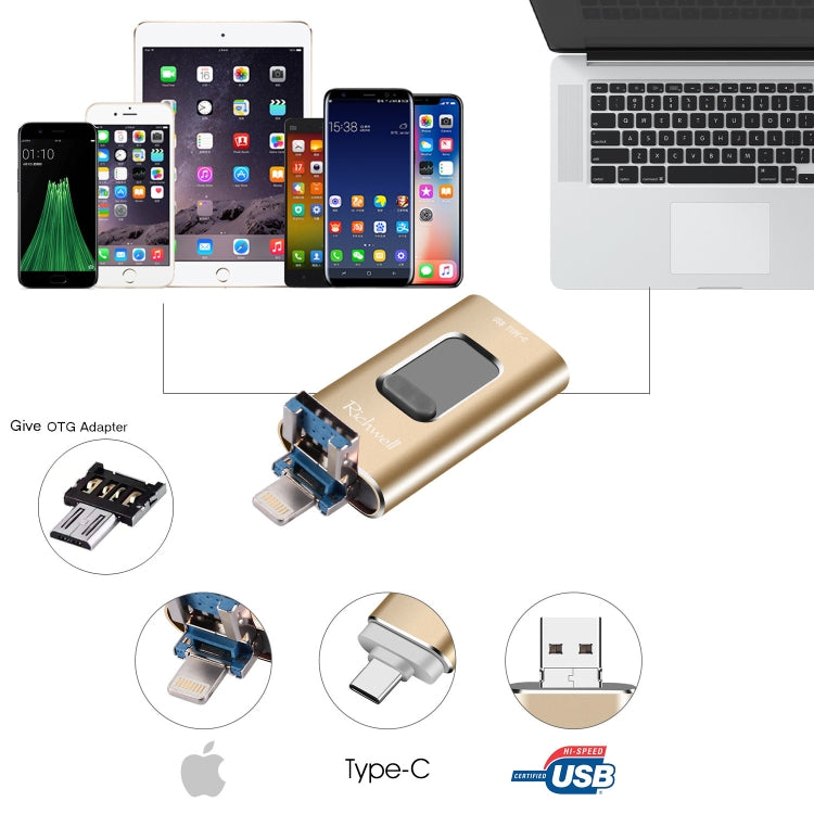Richwell 3 trong 1 64G Type-C + 8 chân + USB 3.0 ổ đĩa flash kim loại kéo đẩy có chức năng OTG