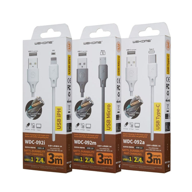 Cáp sạc đồng bộ dữ liệu tốc độ đầy đủ WK WDC-092 3m 2.4A Max Output dòng Pro USB sang 8 Pin, 3m 8 Pin