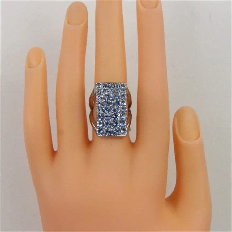 Nhẫn hình chữ nhật mạ bạc đính pha lê xanh cho nữ (Bạc với kim cương, US, Kích thước: 7), Kích thước: 7