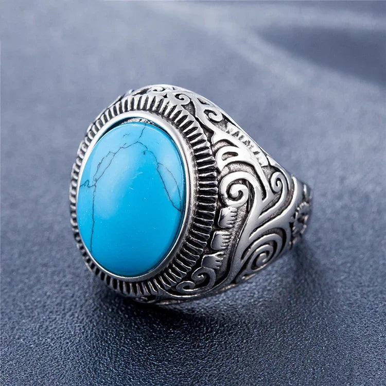 Nhẫn nam thép titan đá quý turquoise phong cách retro châu Âu và Mỹ, Kích thước: 7, Đường kính: 17.4mm, Chu vi: 55mm, Đường kính: 17.4mm