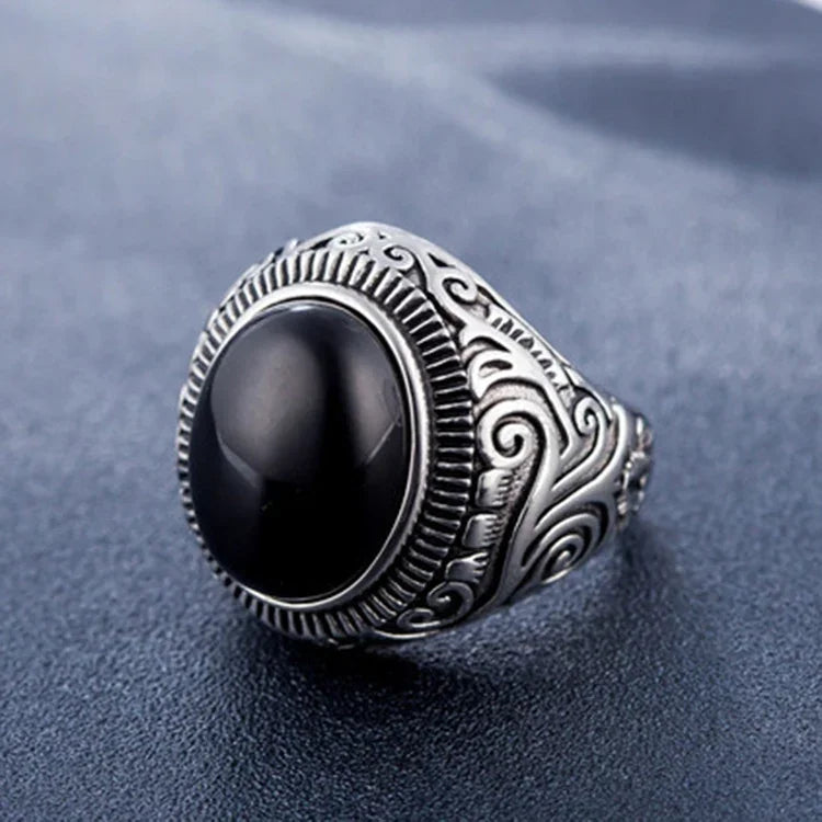 Nhẫn nam phong cách châu Âu và Mỹ cổ điển đá quý ngọc lam thép titan, cỡ: 11, đường kính: 20.7mm, chu vi: 65mm, đường kính: 20.7mm